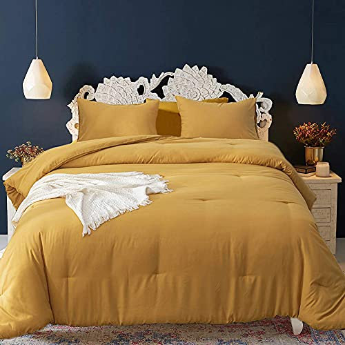 Cottonight Senfgelbe Bettdecken-Sets, Doppelbett, dunkelgelb, Bettwäsche-Set, leicht, einfarbig, senfgelb, Bettwäsche-Set, modernes Mode-Bettwäsche-Set, Baumwolldecke, bequem für Kinder, Jugendliche