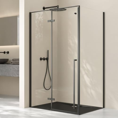 doporro Cabine de Douche 80x120x195cm Porte Pivotante Paroi de Douche | Verre de Sécurité Transparent, Profilé Noir, Montage Réversible, avec Receveur, Ravenna64K