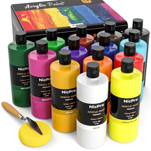 Nicpro set pintura acrilica 14 x 500 ml, frasco grande de pintura acrílica en 14 colores, pinturas ricas, ppinturas acrilicas no tóxicas para muchas superficies, lienzos, arcilla, manualidades
