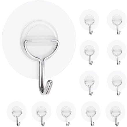 Kiemeu 12 Pack Small Plastic Hooks Self Adhesive Wall Hooks Heavy Duty, Clear Sticky Hook for Hanging Extra Strong