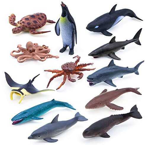 kukifun 12Pack Meerestier Figuren Kuchen Topper, Assorted Ozean Kreatur Realistische Figur Hai Wal Oktopus Schildkröte Krabbe Manta Pinguin für Kinder Geburtstag Baby Show Party Dekorationen