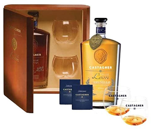 CASTAGNER GRAPPA FUORICLASSE LEON BRUNELLO DI MONTALCINO 12 MESI CONFEZIONE REGALO CONDUE BICCHIERI E CIOCCOLATO