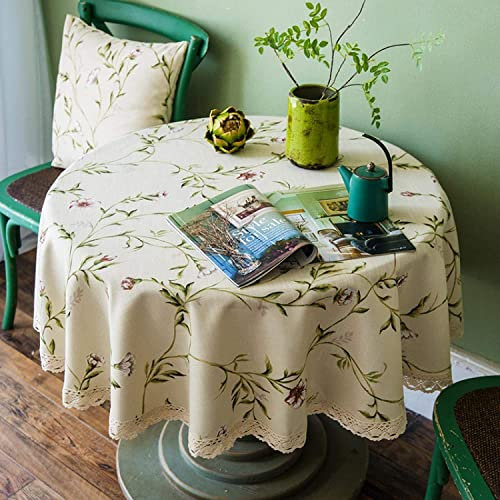 Ricemru Rund Tischdecke Vintage Blumen 160cm Baumwolle Leinen Tafeldecke Tischwäsch Landhaus Pflanze Tischtuch Garten Tischdecken für Drinnen Draußen Rund