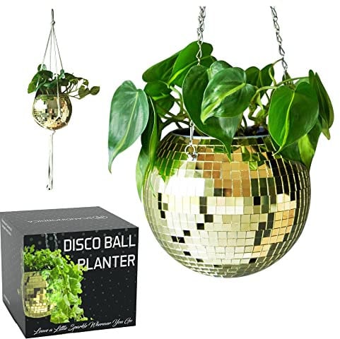 SCANDINORDICA Discokugel blumentopf - Spiegelkugel hängende blumentöpfe, diskokugel Pflanzen, discokugel deko übertopf makramee, Geschenk Freundin | Disco Kugel pflanzentopf – 20 cm Gold