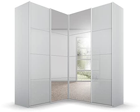 Rauch Möbel Quadra Schrank Eckschrank Schwebetürenschrank, Grau, 4-trg. mit Spiegel, inkl. 2 Kleiderstangen, 12 Einlegeböden, 3 Schubkästen, BxHxT 181x229x187 cm
