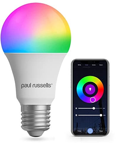 paul russells Smart LED GLS Bulb, 8.5W E27 Screw, Works with Amazon Alexa and Google Home Light Bulbs, 60W Energy Saving, No Hub Required, Multicolor, RGBCW 2700K-6500K Wi-Fi 2.4GHz Only, Pack of 1