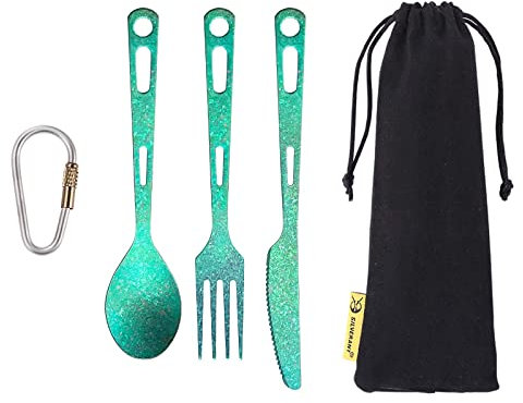 SILVERANT Titanium 3 Piece Cutlery Set, Extra Strong Ultra-Lightweight Durable Knife Fork & Spoon Tableware for Outdoor Camping & Hiking, Comes with Drawstring Bag & Titanium Carabiner-Green