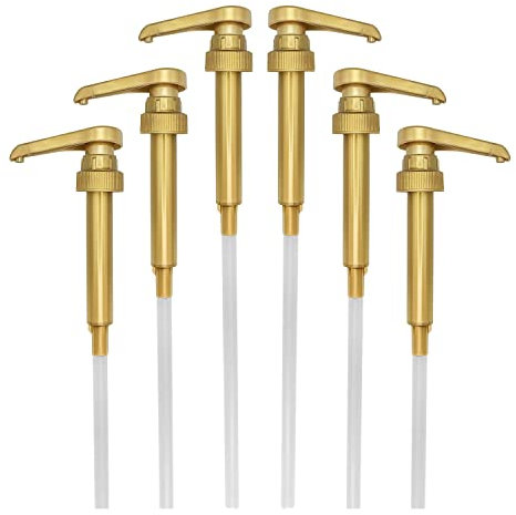 Premium Gold Coffee Syrup Pump (6 Pack) for 750ml or 1 Liter Bottles - Fits Major Brands such as Torani, Monin (only Plastic 1 Liter), Skinny, Starbucks, DaVinci, Coffee Syrup Pump Dispenser