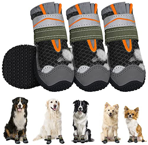 Eyein Hundeschuhe Pfotenschutz, 4 Stück atmungsaktiv Hundeschuhe mit Rutschfester Sohle und reflektierendem Klettverschluss für kleine, mittlere und große Hunde, Sport im Freien, Schwarz, Größe 5
