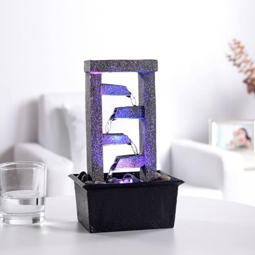 GOSSI Fontana rettangolare da tavolo a cascata a 4 livelli da 25,4 cm di altezza, con rocce naturali di fiume e luci LED RGB, decorazione per casa/ufficio, fontana da tavolo in resina