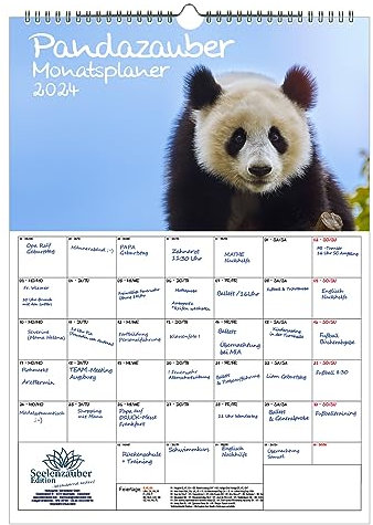 Pandazauber Planer DIN A3 Kalender für 2024 Panda - Geschenkset Inhalt: 1x Kalender, 1x Weihnachts- und 1x Grußkarte (insgesamt 3 Teile)