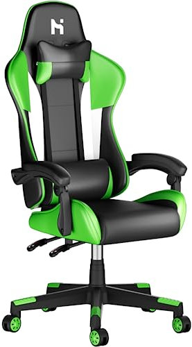 HLFURNIEU Silla Gaming Ergonómica, Sillas Gaming Profesional, Cadeira Gaming Regulable en Altura, Silla Gamer Adulto con Reposacabezas y Soporte Lumbar, Gaming Chair Negro y Verde