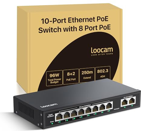 Loocam Switch PoE 10 porte, 8 Porte PoE+ con 2 porta Uplink, PoE+ 100Mbps, Ethernet Switch di Rete non Gestito 96W IEEE802.3af/at, Involucro in Metallo Resistente, Plug & Play