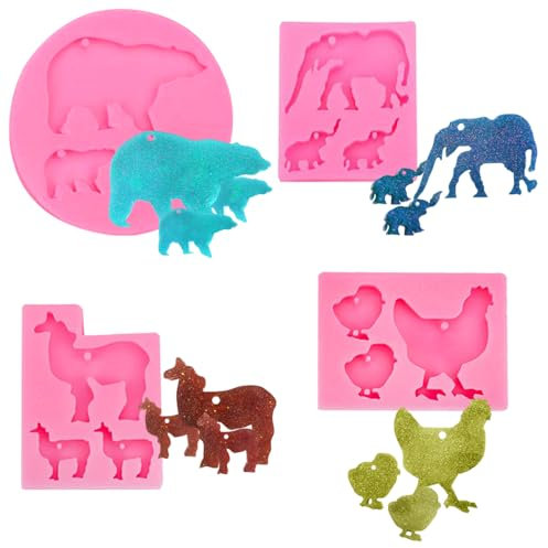 4 moldes de resina de animales, moldes de silicona AFUNTA para llavero de resina epoxi, elefante, camello, oso, pollo, molde de silicona para bricolaje