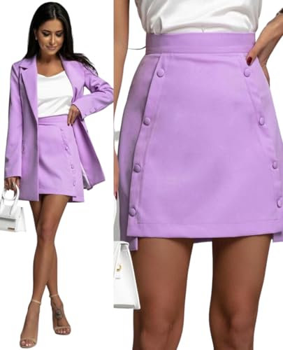 Generico Coordinato Tailleur Donna Giacca Over Blazer Gonna Bottoni Elegante Lilla/L
