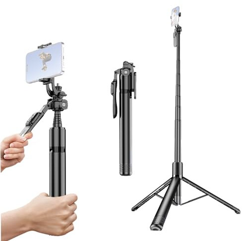 Andoer 79.5 Portable Gimbal Stabilizer with 360° Rotating Ball Head, Anti-Vibration Handle Phone Clip Tripod Base and Remote Control Compatible with Android/iOS System