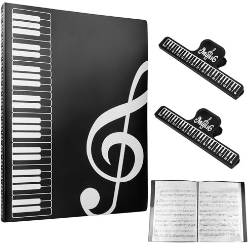 Notenordner,Kunststoff A4 Notenmappe Musikordner Wasserdicht Music Sheet Chormappen mit 80 Hüllen und 2 Notenklammern für Notenblätter Instrumentalist Musiker(Schwarz)
