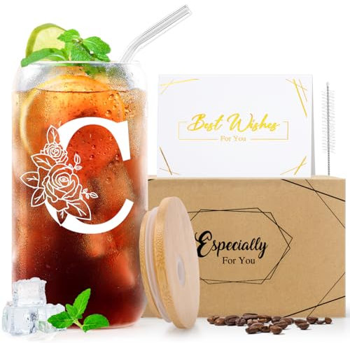 Psukhai A-Z 26 Initial Personalised Birthday Gifts for Women Girlfriend Best Friend Her Mum Sister Friendship Teacher Valentines Christmas Gifts for Dad Him Men, Iced Coffee Cup Gift with Lids Straws