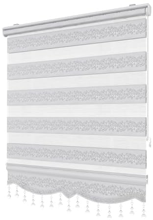PlisseeOnline Doppelrollo Klemmfix ohne Bohren Weiß Silber mit Muster und Perlen Duo Rollo für Fenster und Türen Plissee Rollo Gardine 120 x 150 cm Blickdicht Klemmrollo mit Perlen Seitenzugrollo