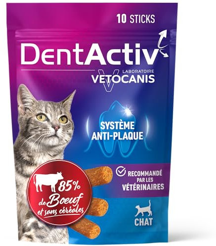 Vetocanis - Dentactiv - Stick Dentaire - Friandises pour Chat Gourmandes - pour l'Hygiène et Santé - Riche en Viande - 85% de Boeuf - Recommandé par Les Vétérinaires - Système Anti-Plaque