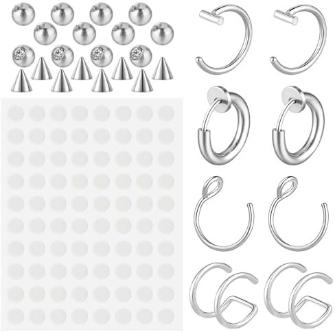 Telooco 28 Stück Septum Piercing Nasenring Fake Augenbrauen Ring Lippenpiercing Ohrstecker Ersatz Kugelstecker Fake Nasenring Hautpiercing mit 100 Stk Aufkleber Nicht Durchdringender