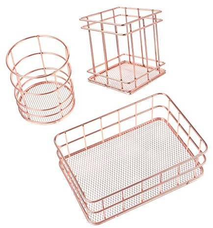 Tofficu 3pcs Stainless Steel Storage Basket Set Rose Gold Pen Holder Mesh Baskets for Organizing