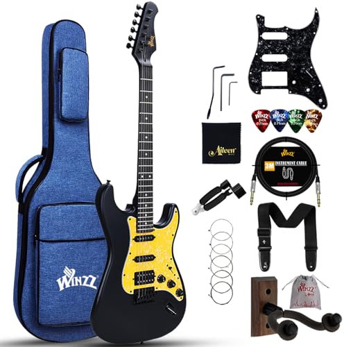 Winzz Erwachsene E-Gitarre 4/4 Größe, HSS Tonabnehmer, E-Gitarre ST für Anfänger Starter Paket mit 12 Zubehör, Ideal Kinder E-Gitarre Kit 12+ Jahre (39 Matte Schwarz, Gelb Schlagbrett)