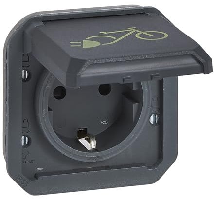 LEGRAND, Plexo New Einsatz, Schutzkontakt-Steckdose zum Aufladen von Elektrofahrrädern, 16 A - 250 V, Steckklemmen, erhöhter Berührungsschutz, Fahrrad Symbol, IP 44 - IK 08, Farbe: Anthrazit, 069886L
