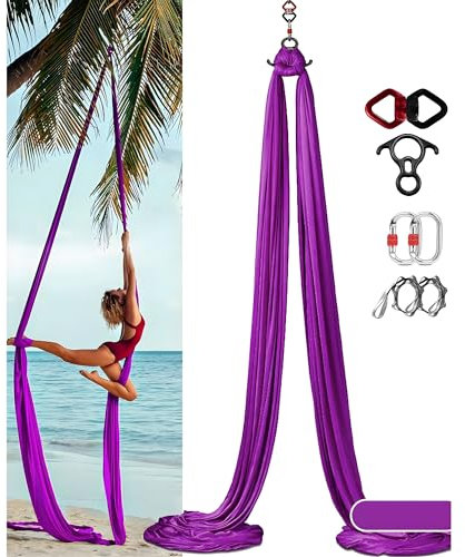 PASPRT Yoga Vertikaltuch (8x2.8m) - Yogatuch Zum Aufhängen, Trapez Schaukel, Yoga Schaukel Set, Akrobatik Tuch Aerial Yogatuch Seide Für Erwachsene, Starke Tragfähigkeit, Sicherer Schutz(Color:Lila)