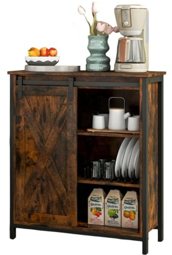 GiantexUK Buffet Sideboard, Wooden Kitchen Storage Cabinet with 3-position Adjustable Shelves, Sliding Barn Doors & Anti-toppling Device, Industrial Display Cupboard Organizer Unit for Living Room