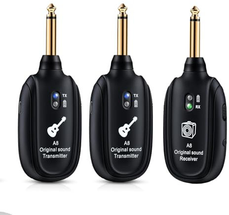 Système de guitare sans fil A8-2 UHF Audio Émetteur récepteur sans fil pour guitare acoustique, basse, violon, clavier, instrument électrique, 2 modes, batterie rechargeable intégrée