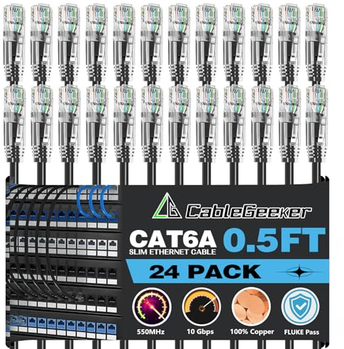 CableGeeker Cat 6A Slim Ethernet Patch Cables, 0.5 ft, 24-Pack, Black | 28AWG Pure Copper, 10Gbps/550MHz, Snagless Gold-Plated RJ45, Ultra-Thin Flexible Design for Switches, Patch Panels, and Racks