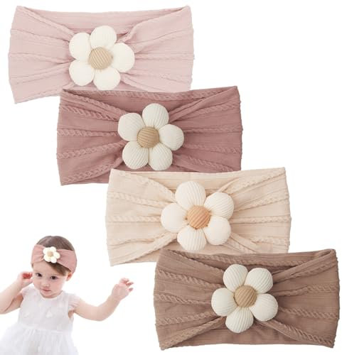 Baby-Blumen-Stirnbänder, 4er-Pack, weiche, dehnbare Haarbänder für Neugeborene und Kleinkinder, Haar-Accessoires für Baby-Mädchen - Blume Nylon Stirnbänder für Mädchen