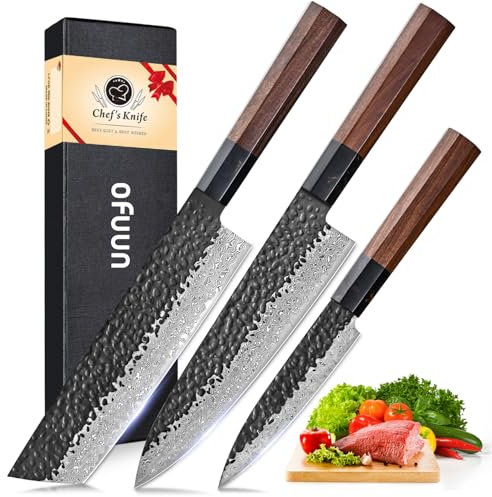 oFuun Ensemble de Couteaux de Cuisine Damas - Set de 3 Pièces en Acier au Carbone VG10 - Couteau de Chef 20cm, Nakiri 18cm, Universel 12,6cm
