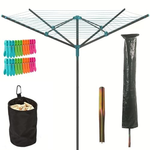 LIVHOME 50m Rotary Airer Clothes Line With 4 Arms For Laundry Drying Washing Outdoors Garden | Heavy Duty | Washing Line With Free Ground Spike, 24pcs Clothes Pegs, Cover and Pegs Bag