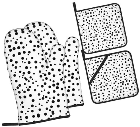 Juego de guantes de horno y soportes para ollas de lunares en blanco y negro, resistentes al calor y al agua, dos guantes, dos soportes para ollas, guantes para hornear, guantes de parrilla, guantes