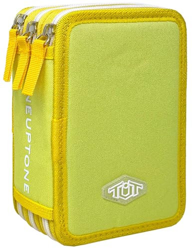 Clondo Federmäppchen 3 Fächer Kinder, Dreifach Gefüllt, 45 Schulzubehör Grundschule Mädchen und Jungen, 3 Reißverschlüsse, 20cm, Schere, Lineal, Buntstifte, Filzstifte, Schere, Hellgelb