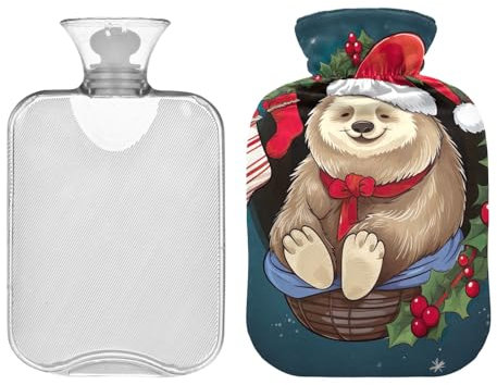Wärmflasche mit Faultier mit Weihnachtsmannmütze, 2 Liter Wärmbeutel zur Schmerzlinderung, PVC, Hand-/Fußwärmer, Wärmetherapie