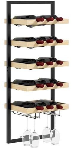 HOMCOM Portabottiglie da parete in Legno e Acciaio, Porta Bottiglie di Vino 15 Bottiglie e 4 Calici, Cantinetta Vino per Bar, Cucina, Salotto, Sala da Pranzo e Ristorante, Color Legno