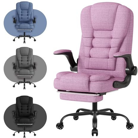 Silla de trabajo ergonómica con reposapiés y reposacabezas, silla de trabajo con reposabrazos abatible, giratorio 360°, silla de escritorio para oficina, hogar, gaming, tela rosa