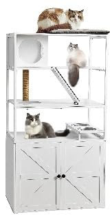 Arbre à chat avec armoire à litière, arbre à chat en bois avec étagère de rangement et support pour gamelle, coussin doux sur le dessus, arbre à chat multifonction pour chats, 150 x 80 x 53 cm (blanc)
