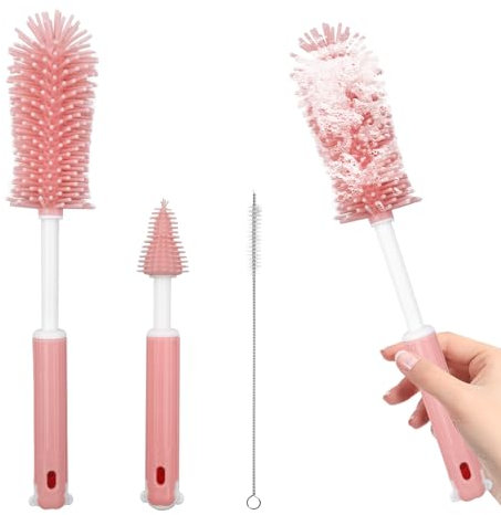 Bottle Washer Compatible with Momcozy Breast Pumps Breast Pump Cleaning Kit Breast Pump Cleaning Brush Set 3 in 1 Cleaning Brush Set - Includes Detachable Bottle Brush, Nipple Brush, Straw Brush(pink)