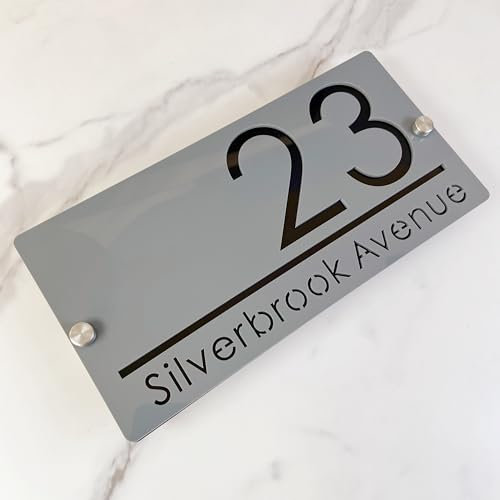 Placa de número de casa al aire libre, Diseño suspendido placa de número de casa personalizada, letrero de nombre de calle 3D cortado con láser acrílico moderno (gris&negro)