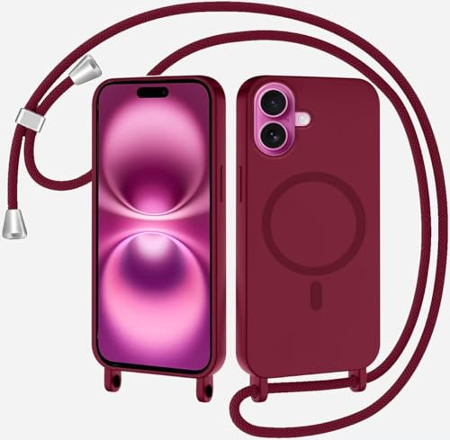 SLWYF Compatible with iPhone 16 Pro Wireless Charging, Shockproof Removable Phone Case with Strap Adjustable Neck Cord Necklace Soft Cover for iPhone 16 Pro, Red