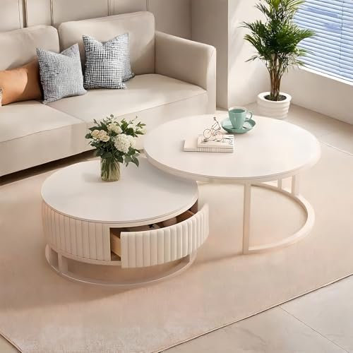ZZPBD8 Nesting Coffee Table Set of 2, Round Nest of Tables with Storage and Metal Frame, White Sofa Side Table, Stacking End Table for Living Room Bedroom Office