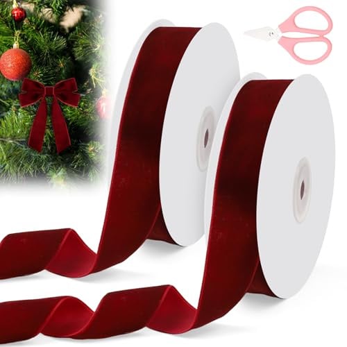 Velvet Ribbon, Burgundy Velvet Ribbon 25mm x 20m | Wine Red Ribbons for Christmas Trees, Gift Wrapping, Bouquets, Wedding, Crafts, Favors, Bows, and Decoration