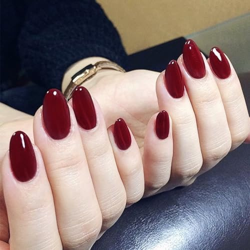 24Pcs Wine Red False Nails, Glossy Burgundy Press on Nails Almond Shape, Fake Nails with Glue, Stick on Nails Christmas Halloween Women Girls Nail Art Accessories