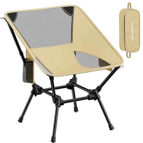SONGMICS Camping Chair, Lightweight Folding Beach Chair, Adjustable Height, Steel Frame, Supports 150 kg, 2 Storage Pockets, Portable for Outdoor Travel, Brown GCB050KZ01