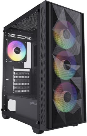 RAIDMAX V217 ATX Mid Tower Mesh Gaming PC-fodral, högt luftflöde frontpaneldesign, 4 x 120 mm ARGB-fläktar förinstallerade, härdat glas sidopanel, stöder 305 mm GPU / 240 mm kylare (svart)