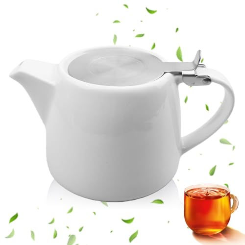 GOEDCH Tetera de porcelana: cafetera de cerámica blanca con colador, tetera de cerámica de 500 ml con tapa de acero inoxidable, tetera para café, vajilla de porcelana, tetera